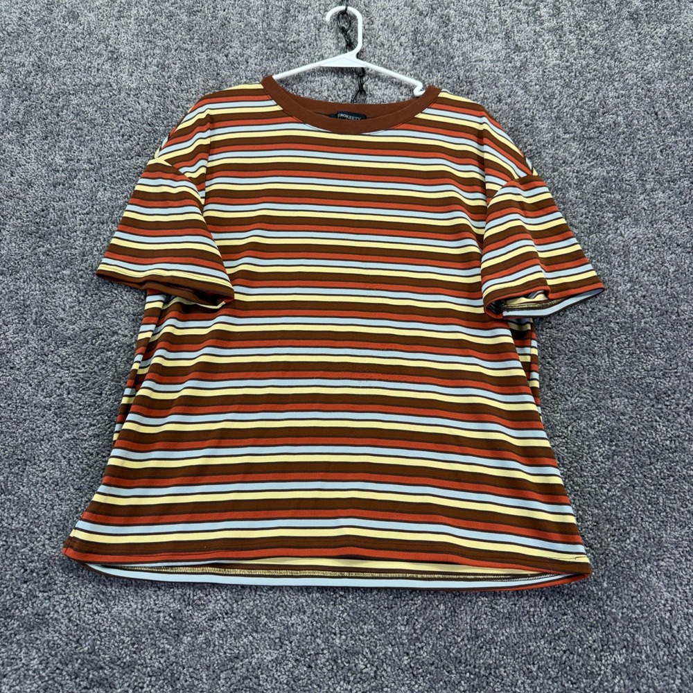 MEROKEETY T Shirt Womens Large Brown Striped Short Sleeve Crew Neck Tee